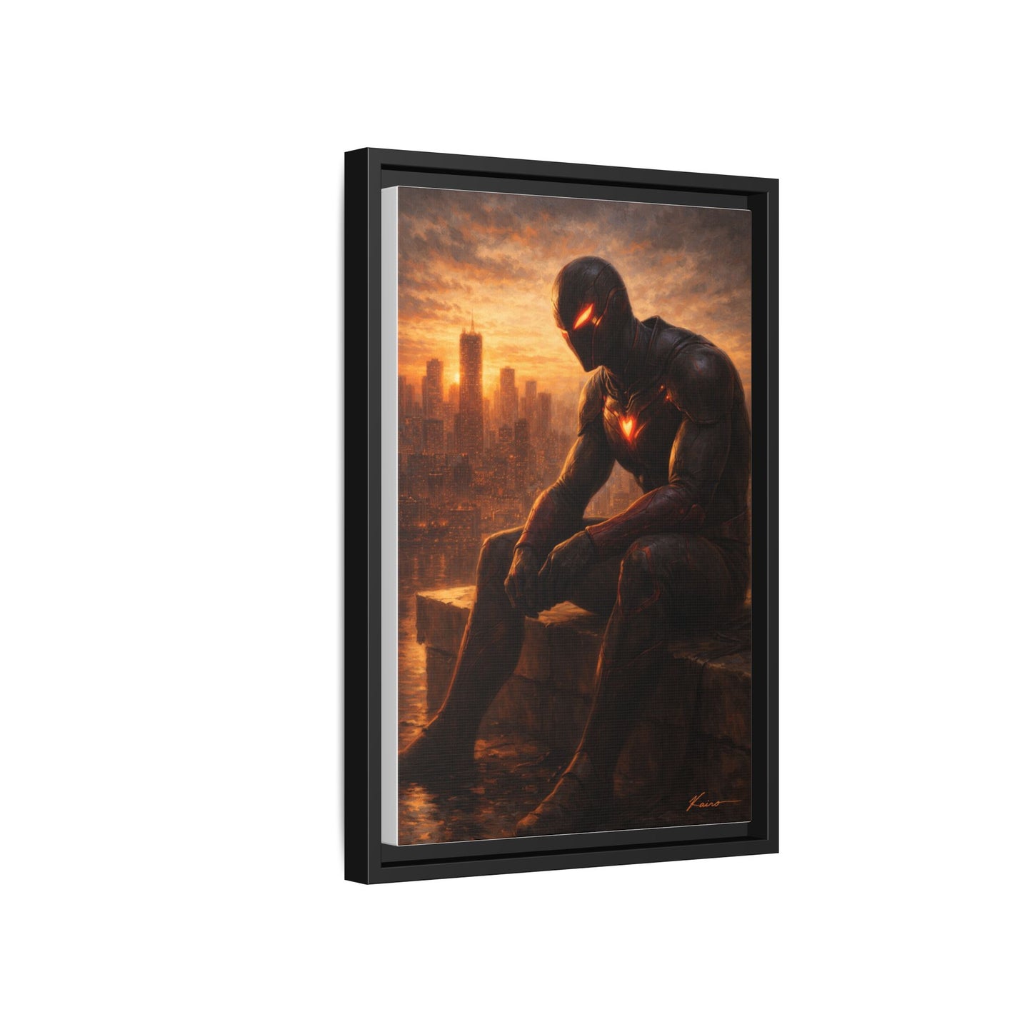 Framed Matte Canvas Print — Brooding Superhero Cityscape