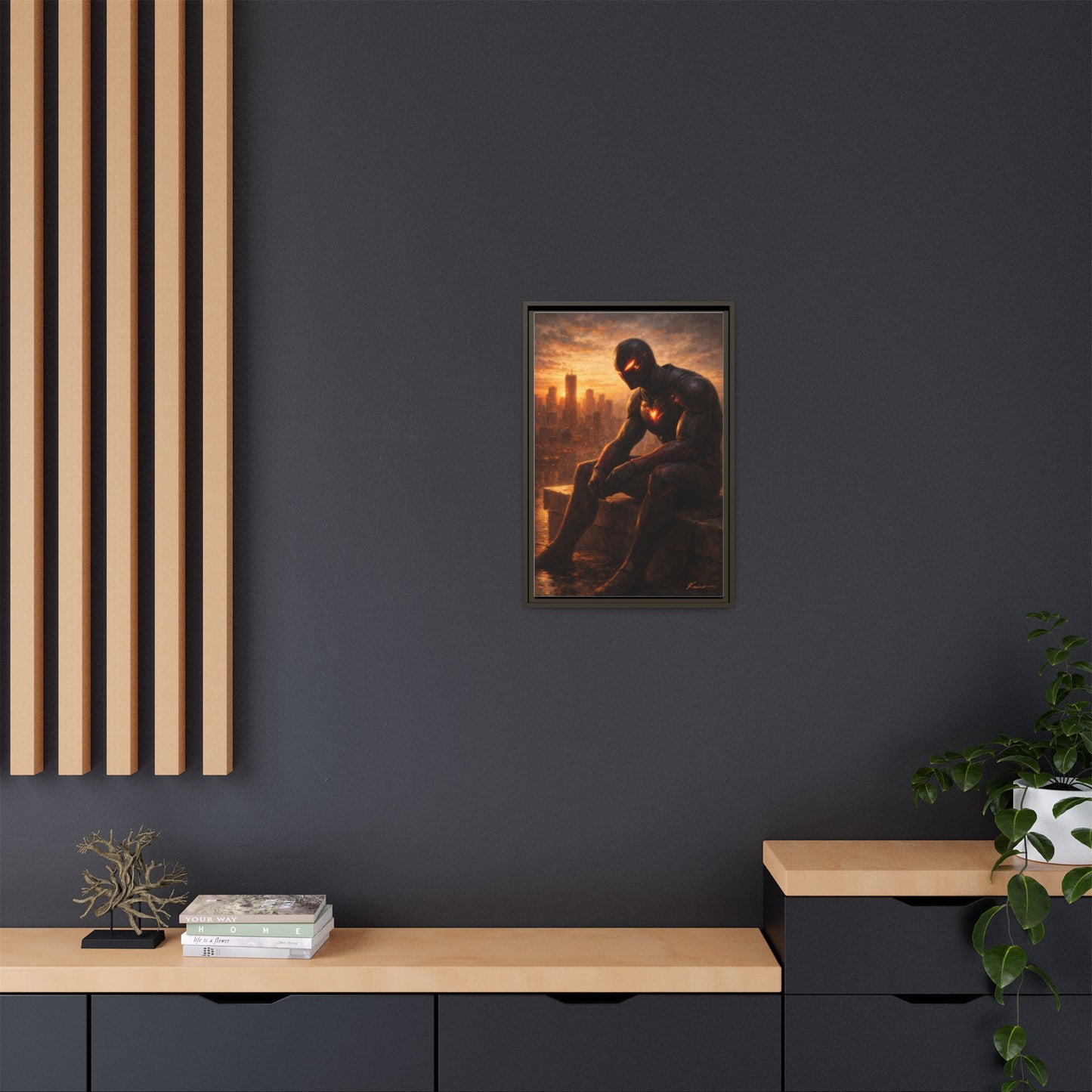 Framed Matte Canvas Print — Brooding Superhero Cityscape