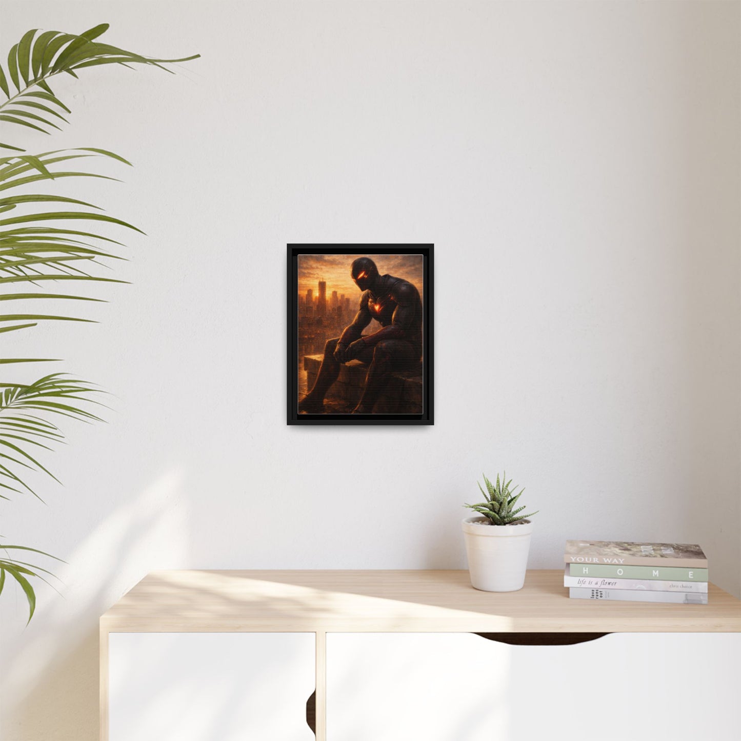 Framed Matte Canvas Print — Brooding Superhero Cityscape