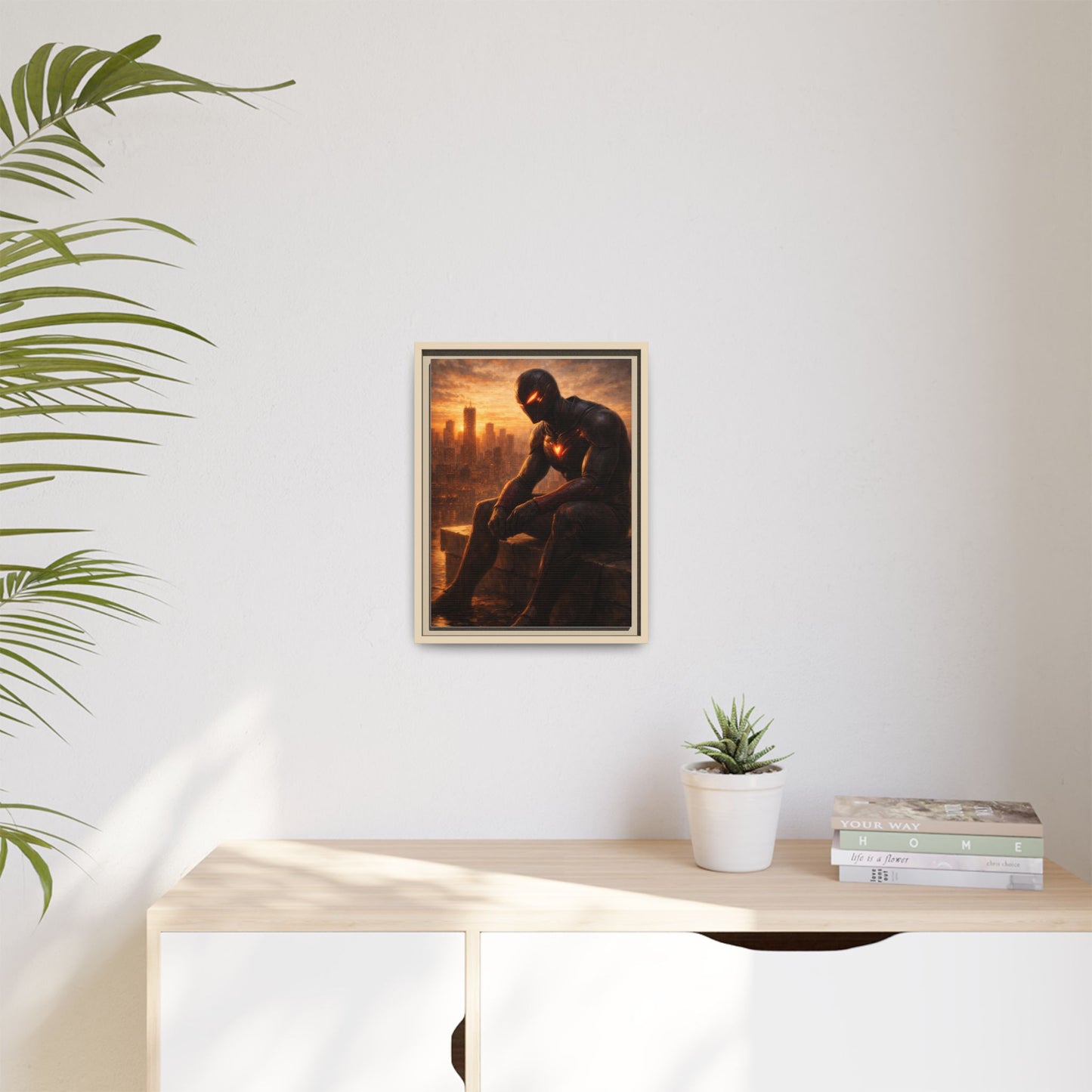 Framed Matte Canvas Print — Brooding Superhero Cityscape