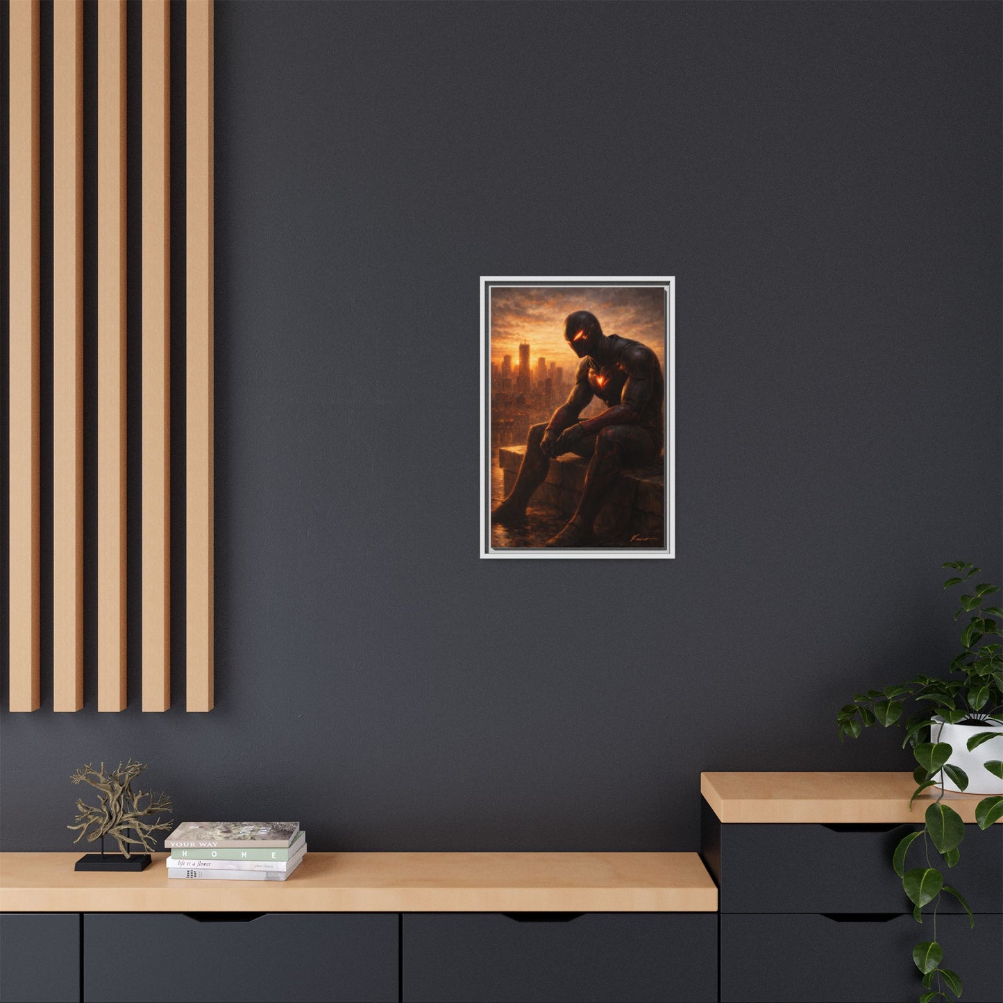 Framed Matte Canvas Print — Brooding Superhero Cityscape